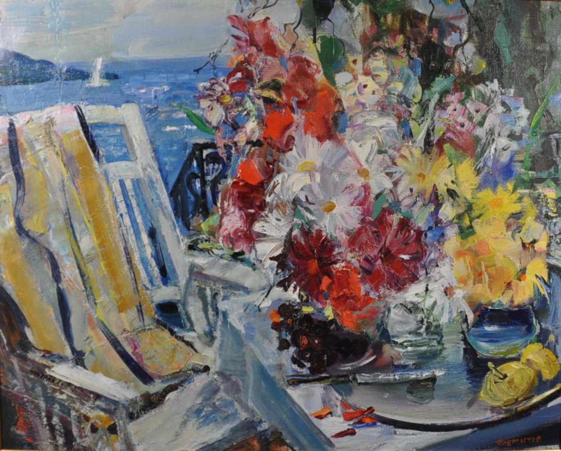Fliegontov, Dmitri (1975) "Idylle auf der Terrasse", Öl auf Lw., 80 x 100 cm, Rechts unten signiert,
