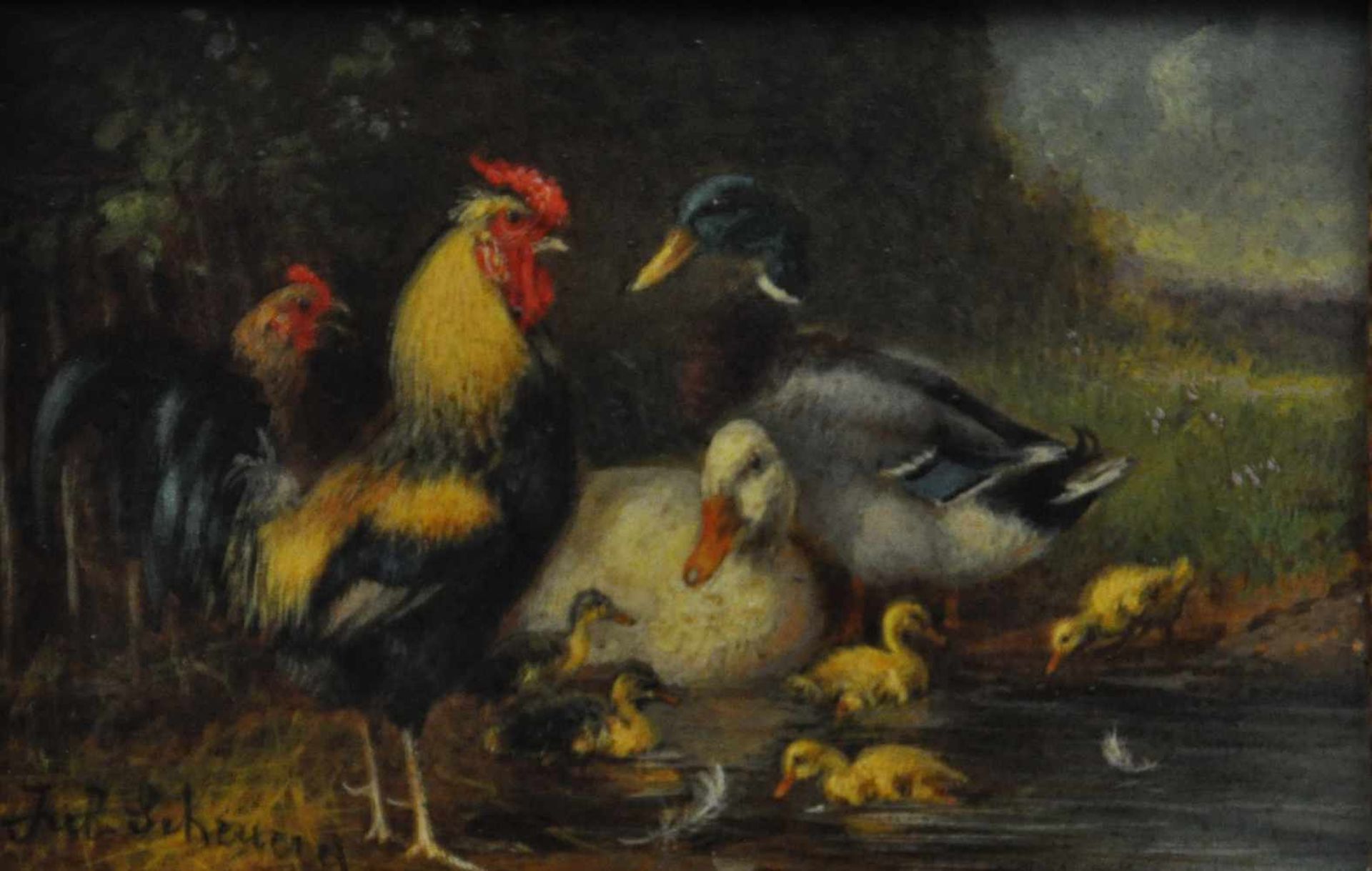 Hänger, Max (1874 - 1941), "Hühner am Teich", Öl auf Holz, 12 x 18 cm, links unten signiert,