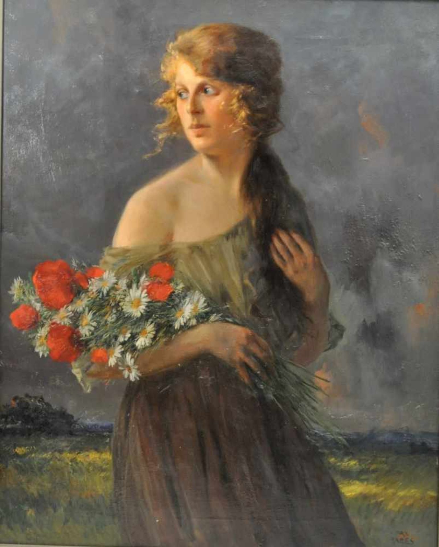 Rabes, Max Friedrich (1868 - 1944) "Junge Frau mit Feldblumenstrauss", Öl auf Leinwand, 101 x 81 cm,