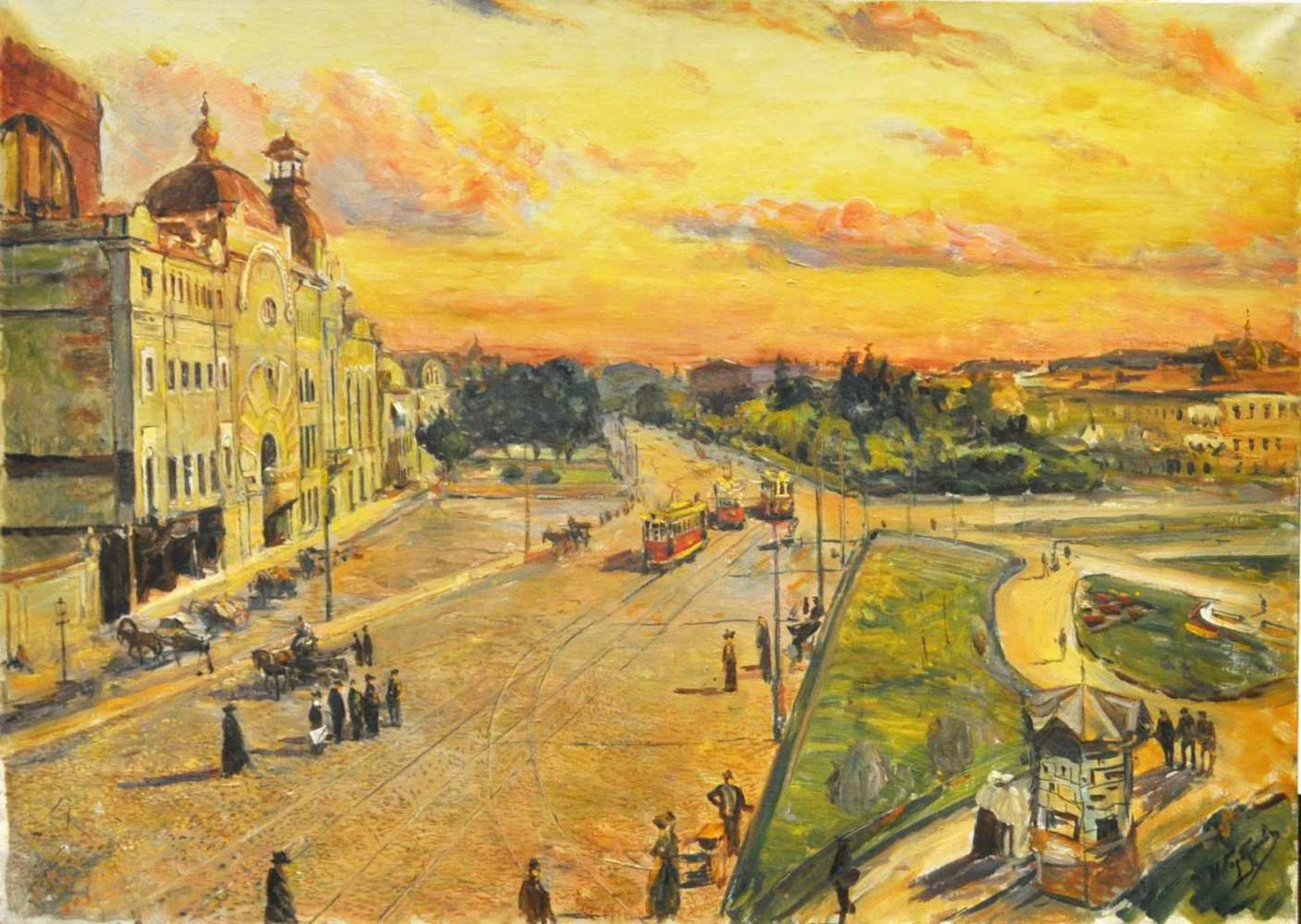 Gorbunov, Vladir Ukraine (1919)"Stadtplatz mit Straßenbahn", Öl auf Lw, 50 x 70 cm, rechts unten