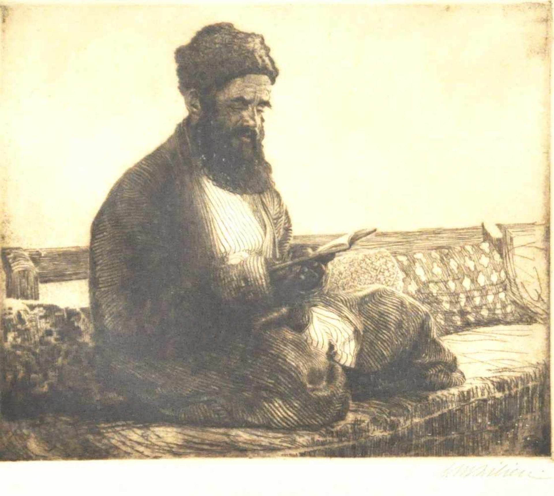 Lilien, Moshe E. (1874 - 1925)"Jüdischer Bucharer beim Lesen", Radierung, 26,5 x 32 cm, rechts unten