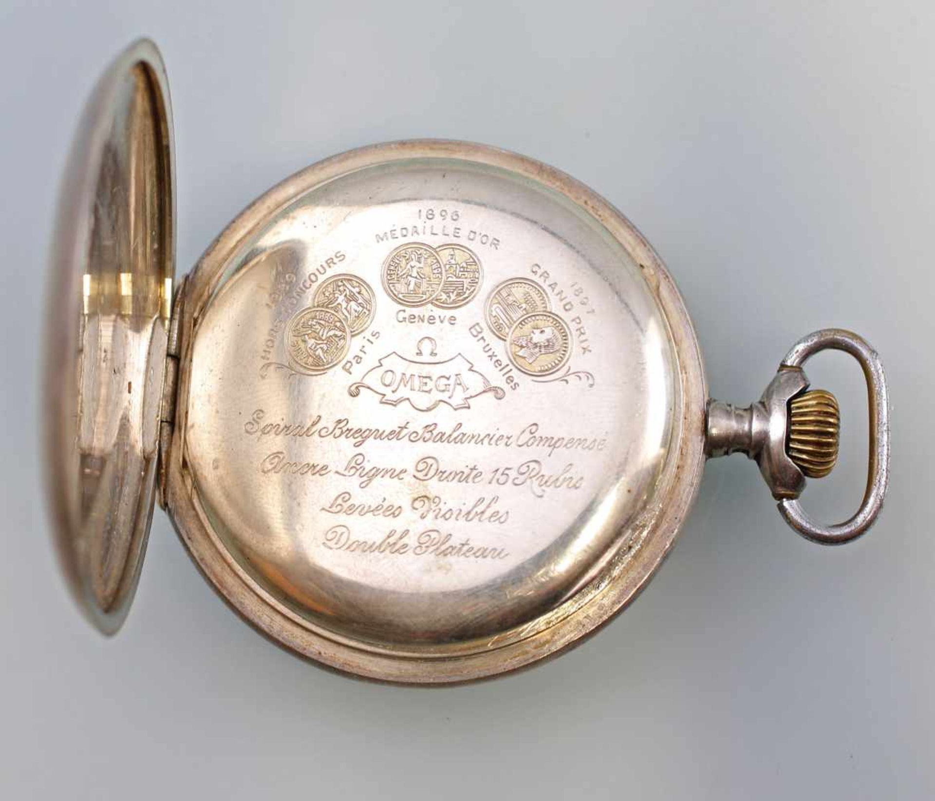 Silberne Taschenuhr Omegaum 1900, 800er Silber (beide Deckel gepunzt), Ankerwerk mit 15 Steinen, - Bild 3 aus 4