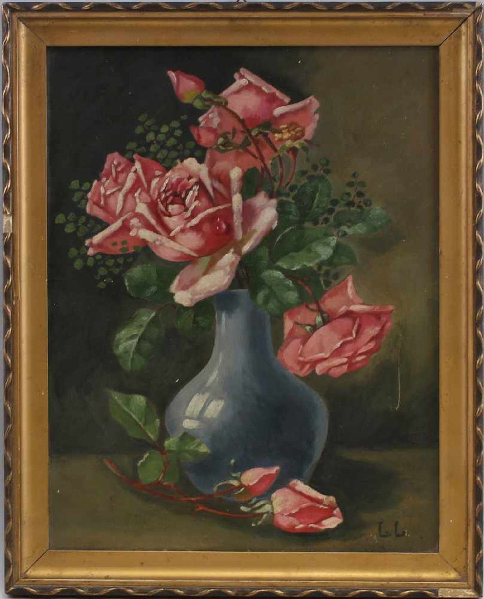 Monogrammist, Rosenre. u. monogramm. "LL", Öl/Karton, üppige rosafarbene Rose in bauchiger Vase