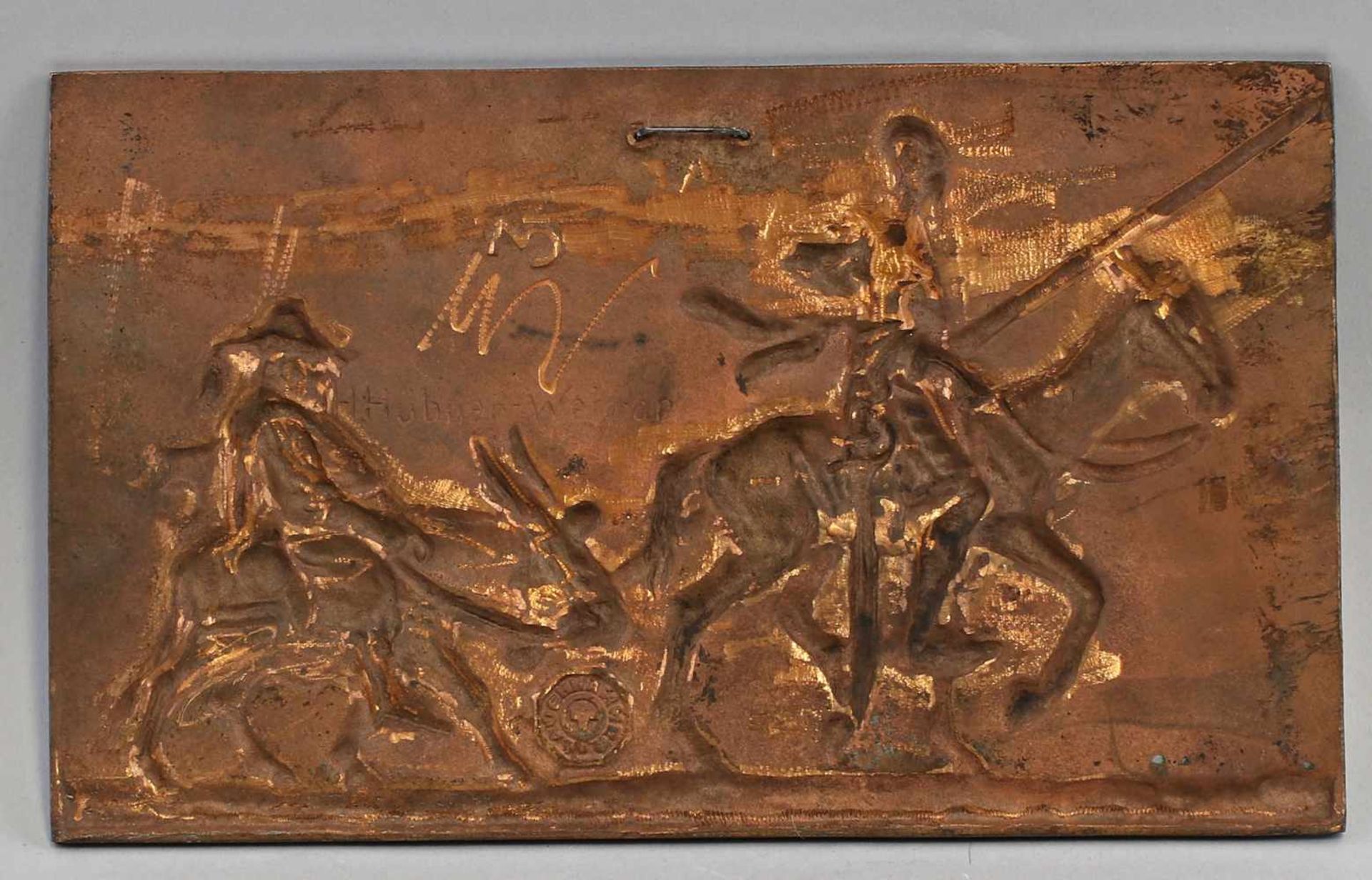 Hübner, Reliefplatte Don QuijoteBronze mit grüner Patina, verso sign. "H. Hübner, Weimar", - Bild 2 aus 4