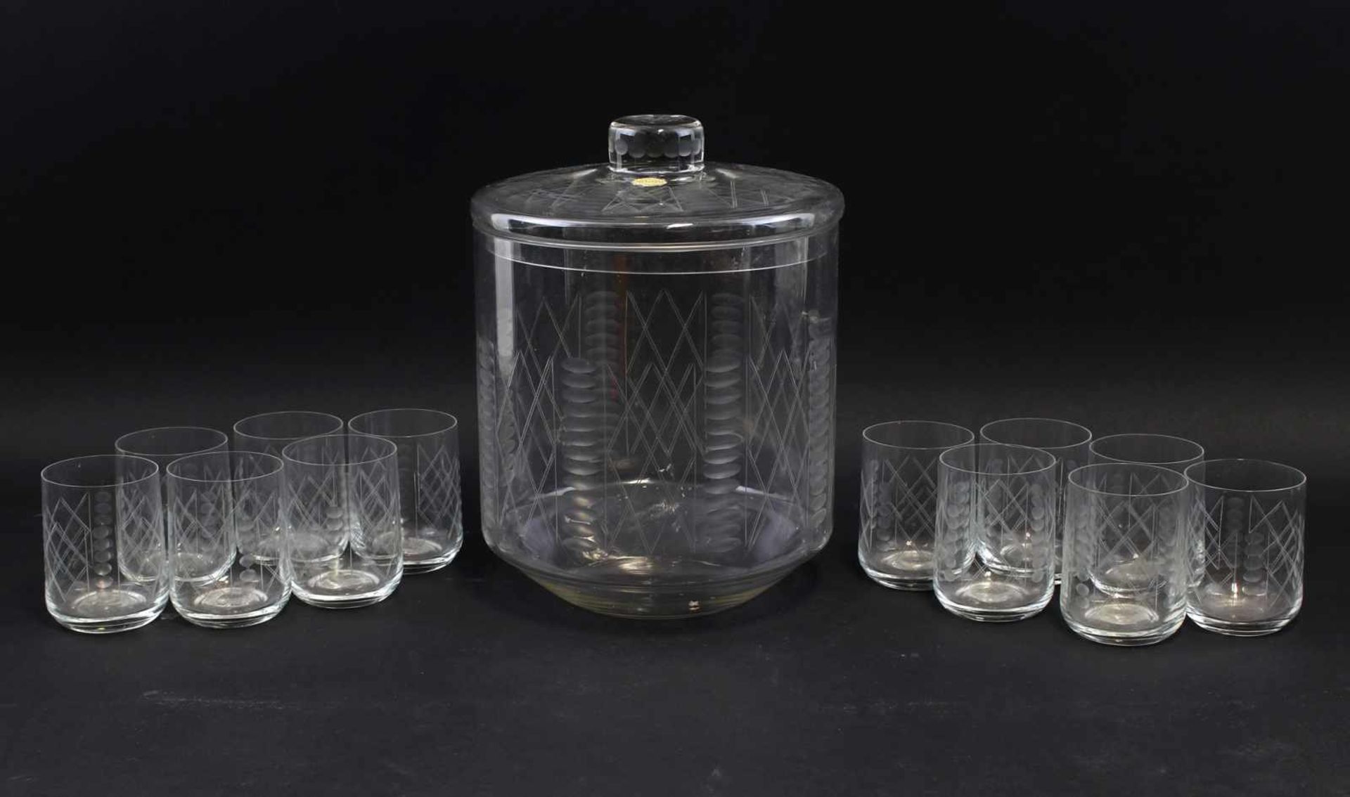 Bowle-Garniturum 1950, gemarkt Ilmenau, farbloses Glas handgeschliffenes geometrisches Dekor,