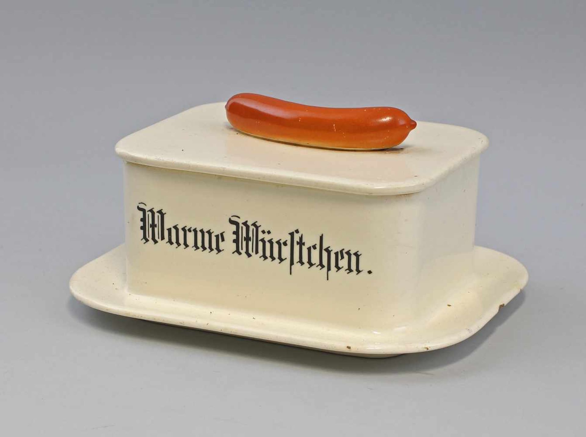 Dose Warme Würstchengemarkt Wächtersbach, Schlierbach, cremefarben glasiert und rotbraun bemalt, - Bild 2 aus 4