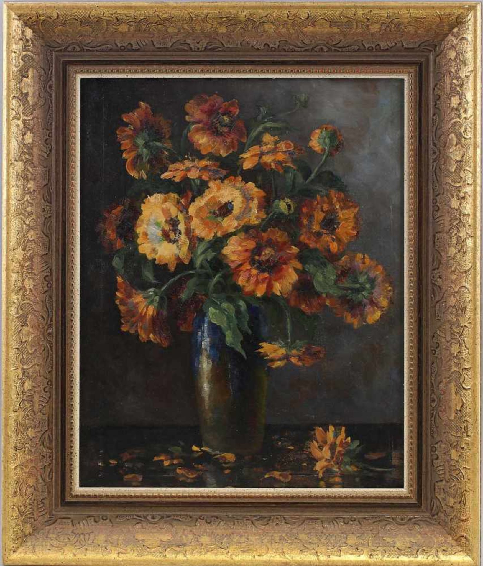 Anonym, Blumenstilllebenunsigniert, 1. H. 20. Jh., Öl/Lwd. auf Karton gezogen, schönes Bouquet aus