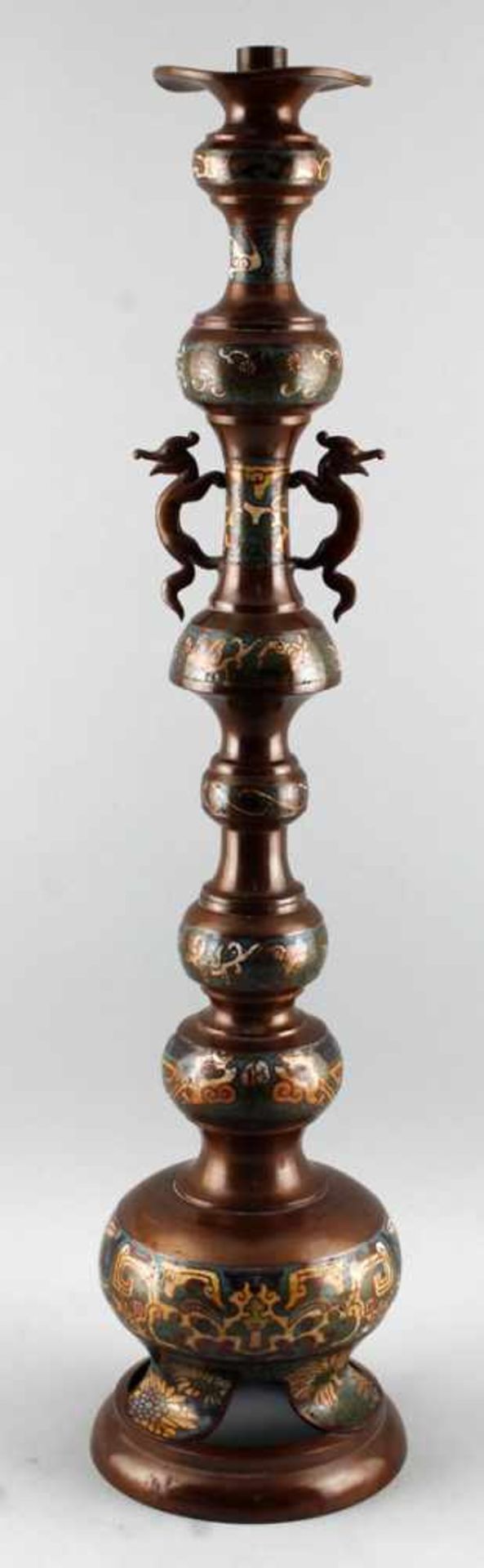 Großer Leuchter Bronze-Cloisonnéalt, Bronze oder Kupfer ?, kupferfarben, Balustersäule mit