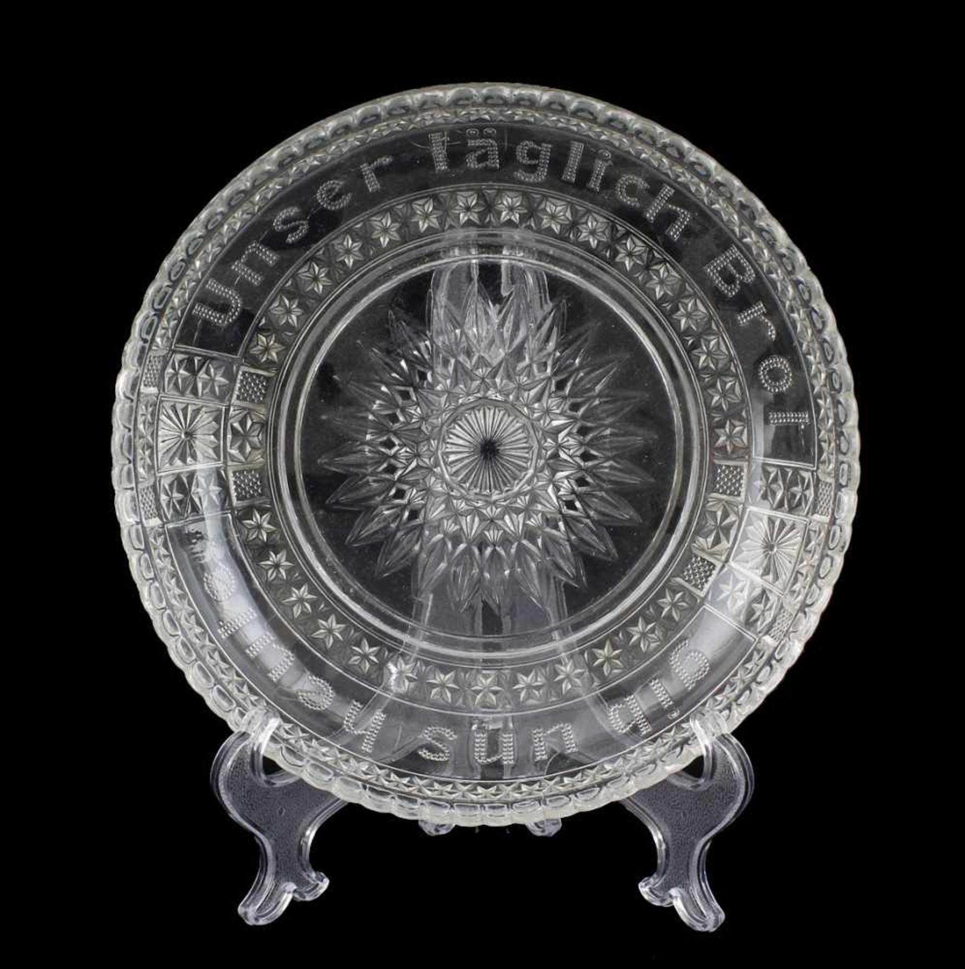 Kristallschale "Unser täglich Brot..."um 1900, alt, Kristallglas in die Form gepresst, flach