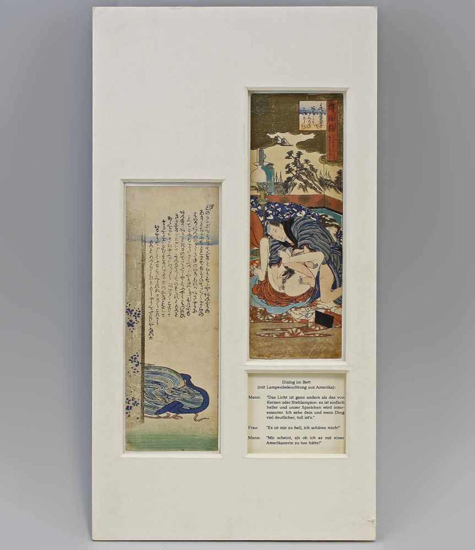 Tanzaku-Shunga mit GedichtMitte 19. Jh., Japan, 2 Tanzaku-Blätter mit Farbholzschnitten, 1 Shunga-