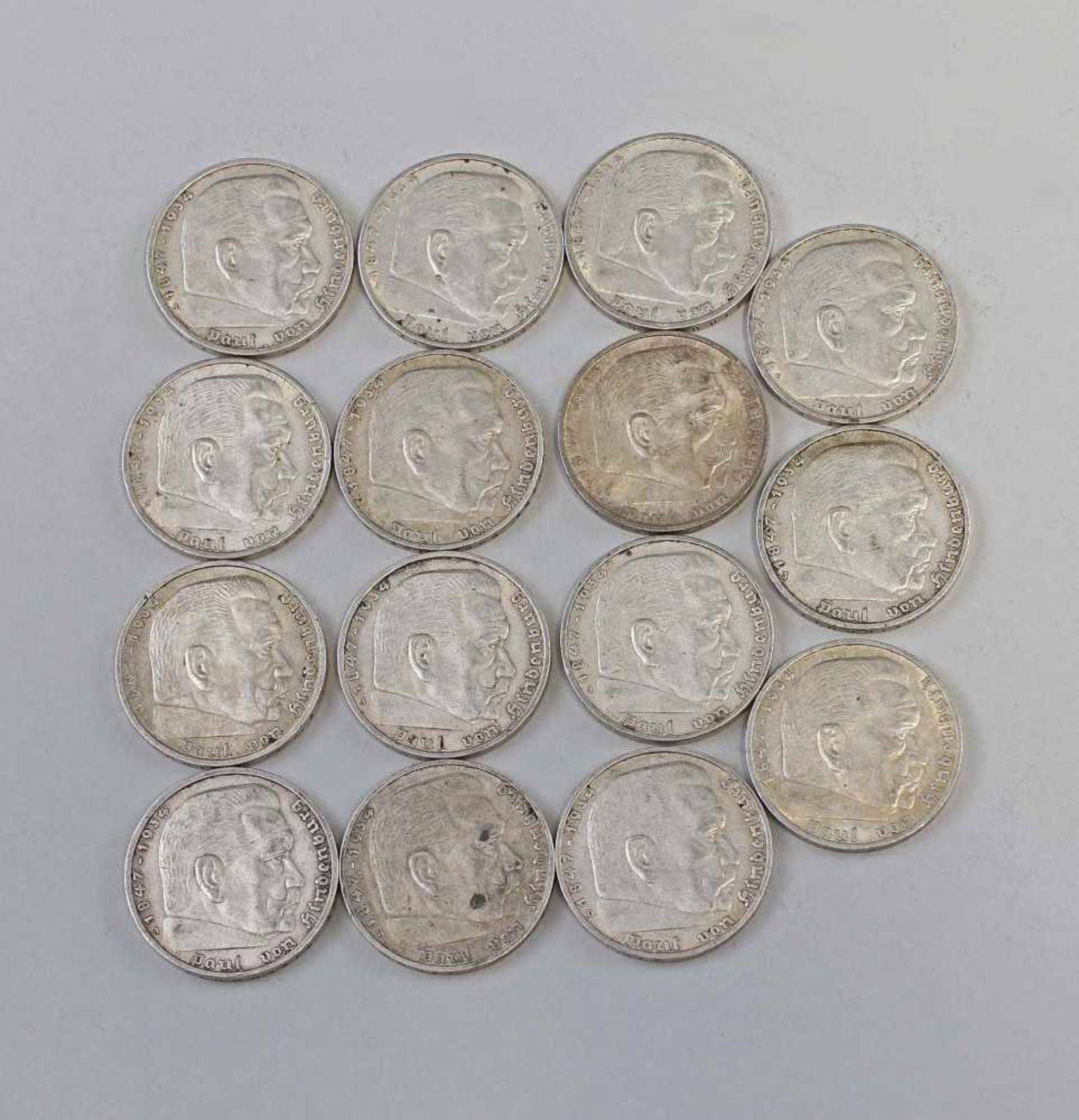 15 Silbermünzen Hindenburg 3. Reich900er Silber, ca. 207 g, 8 x 1935, 7 x 1936, Zustand ss