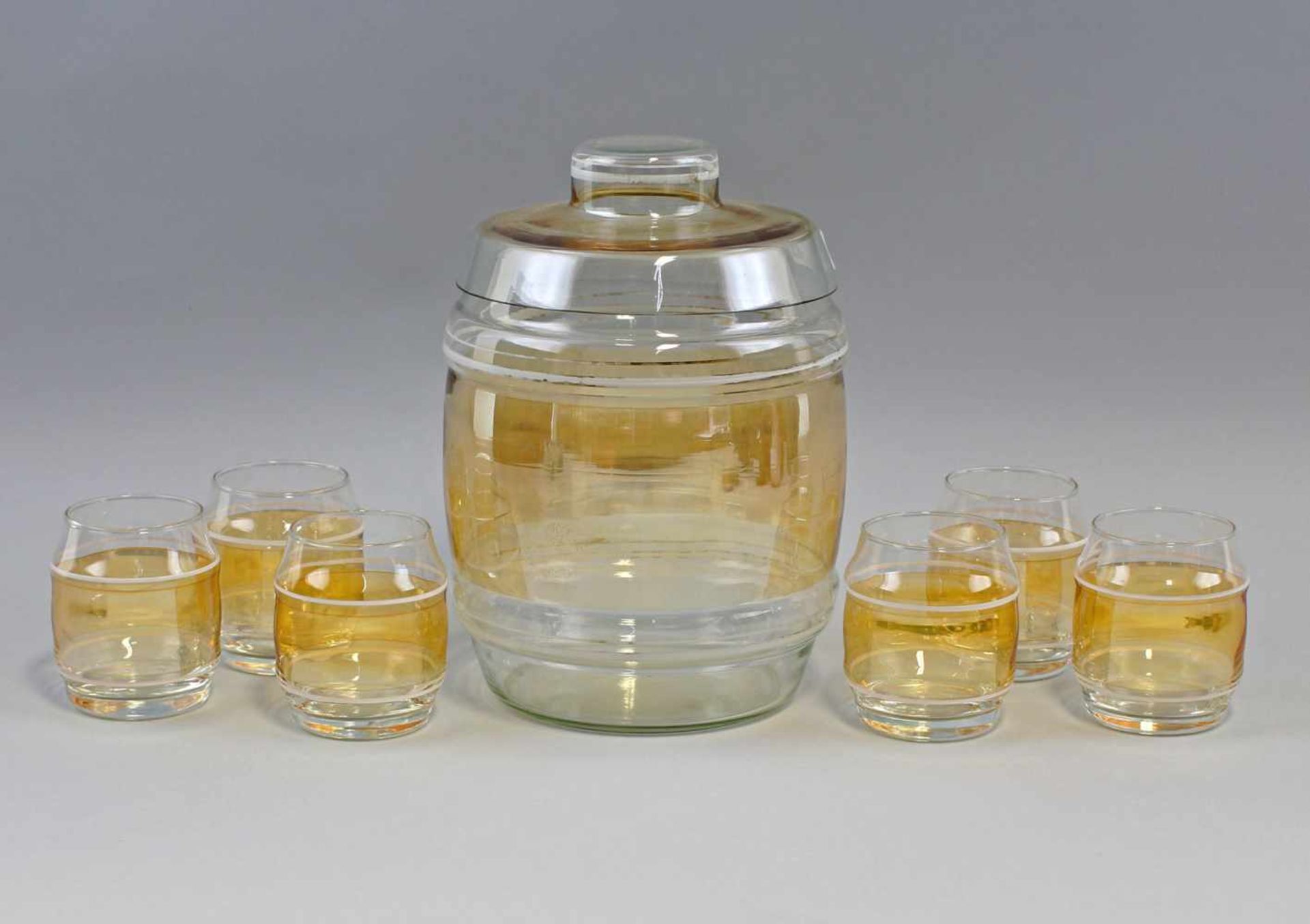 Bowle-Garniturum 1950, farbloses Glas partiell honiggelb lüstriert, weißes Streifendekor,
