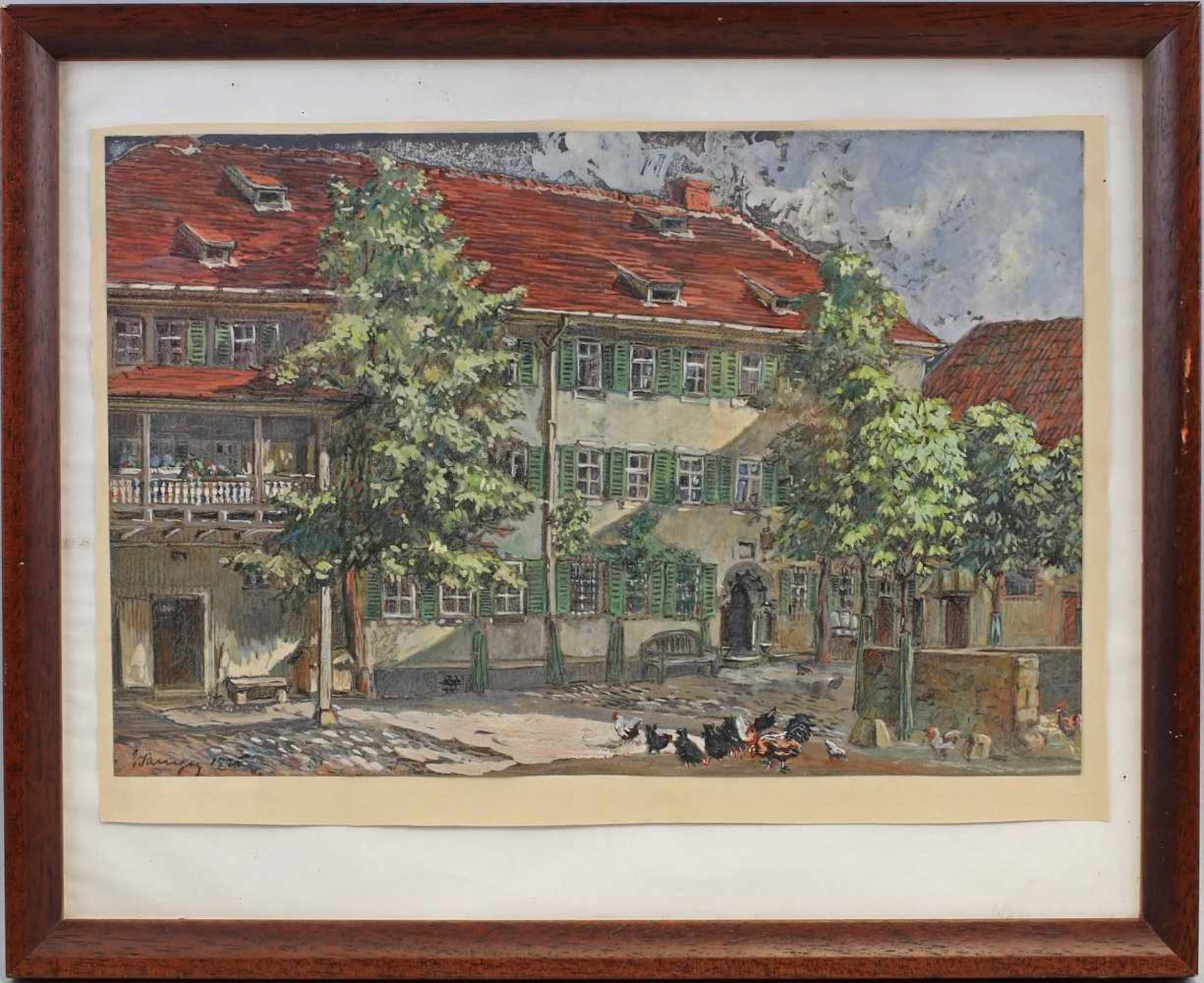 Unbekannt, Gasthofli. u. unleserlich sign. u. dat. 1925, Gouache/Papier, Ansicht eines großen