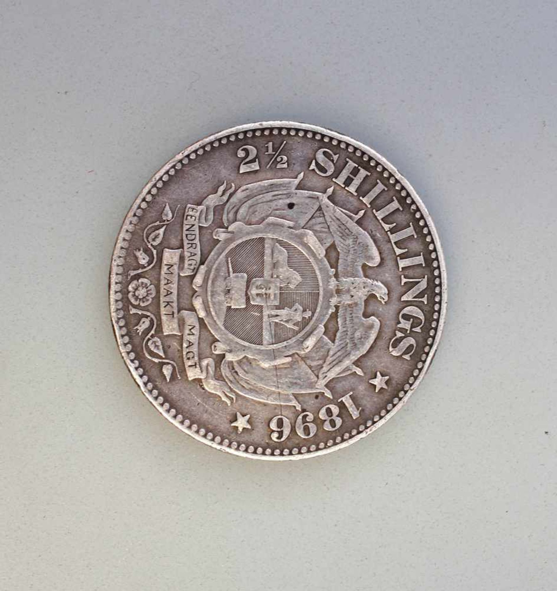 Silber-Münze 2 1/2 Shillings 1896 Kruger Süd-Afrika925er Silber, ca. 14 g, Zustand ss - Bild 2 aus 2