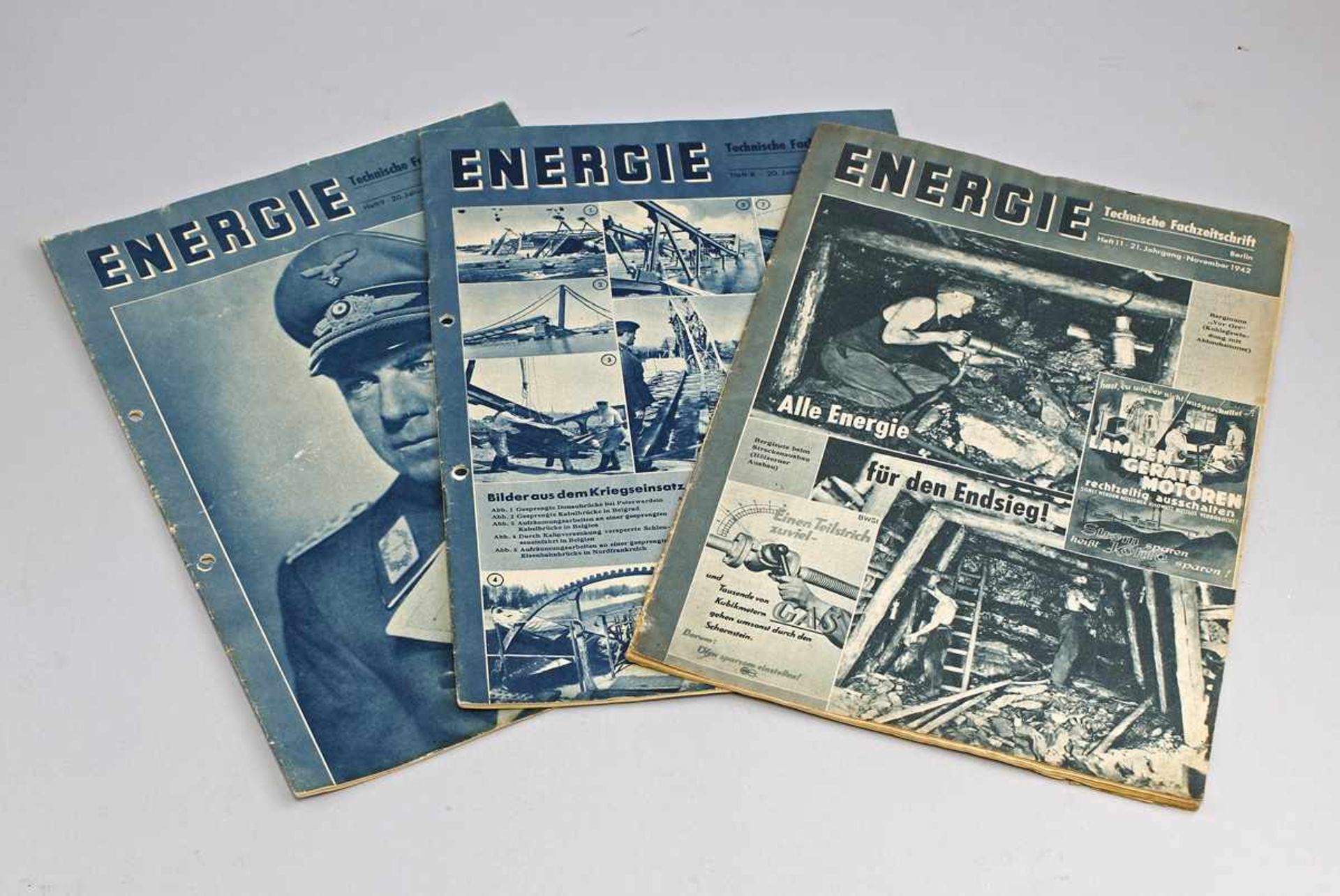 3 x Fachzeitschrift Energie Dr. Todt 1941/42 3. Reich, Hefte 8 u. 9 v. 1941 (gelocht), Heft 11 v.
