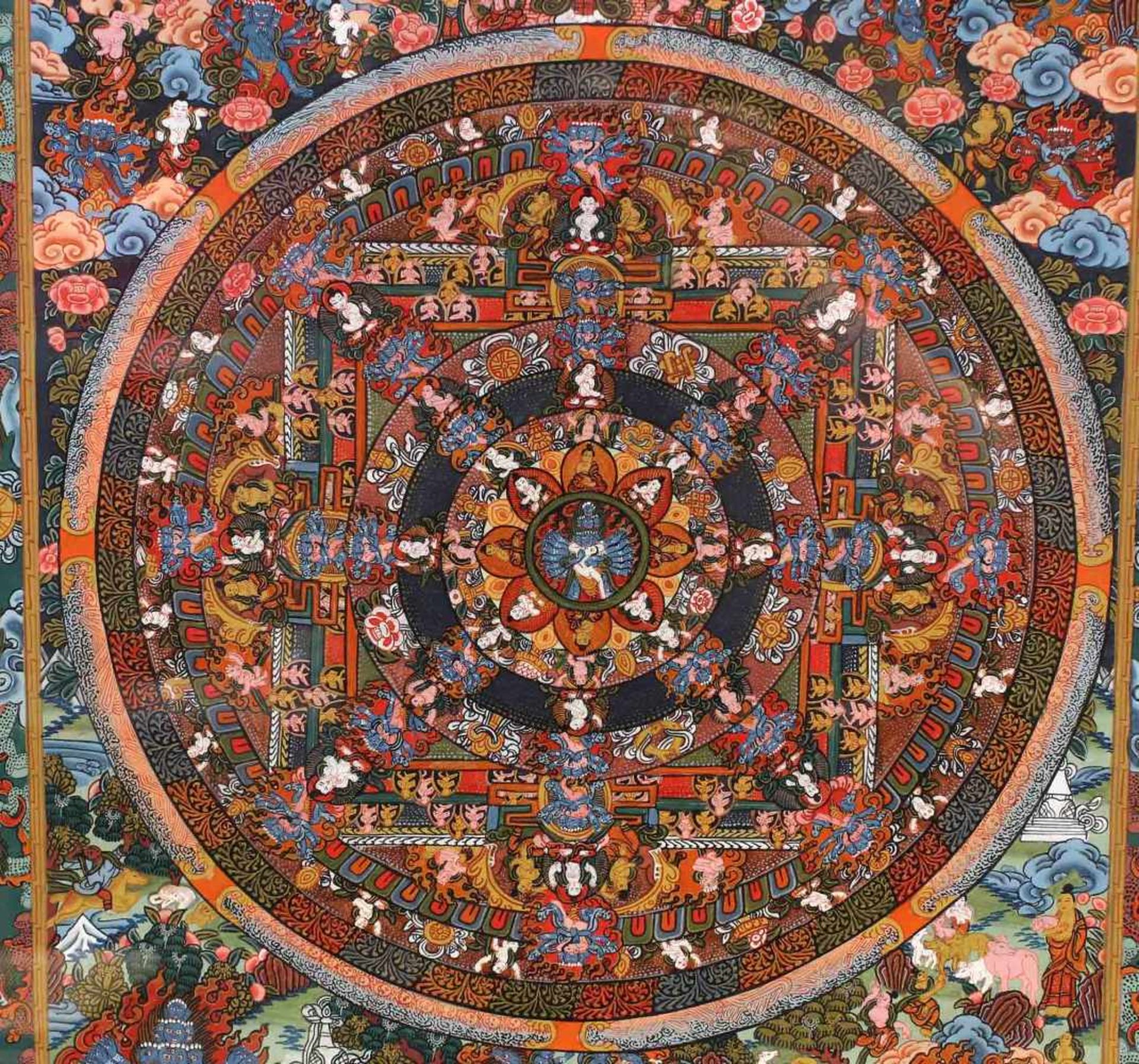 Thangka Mandala20. Jh., polychrome, goldgehöhte Malerei auf Leinen, Mandala od. Lebensraddarstellung - Bild 2 aus 2
