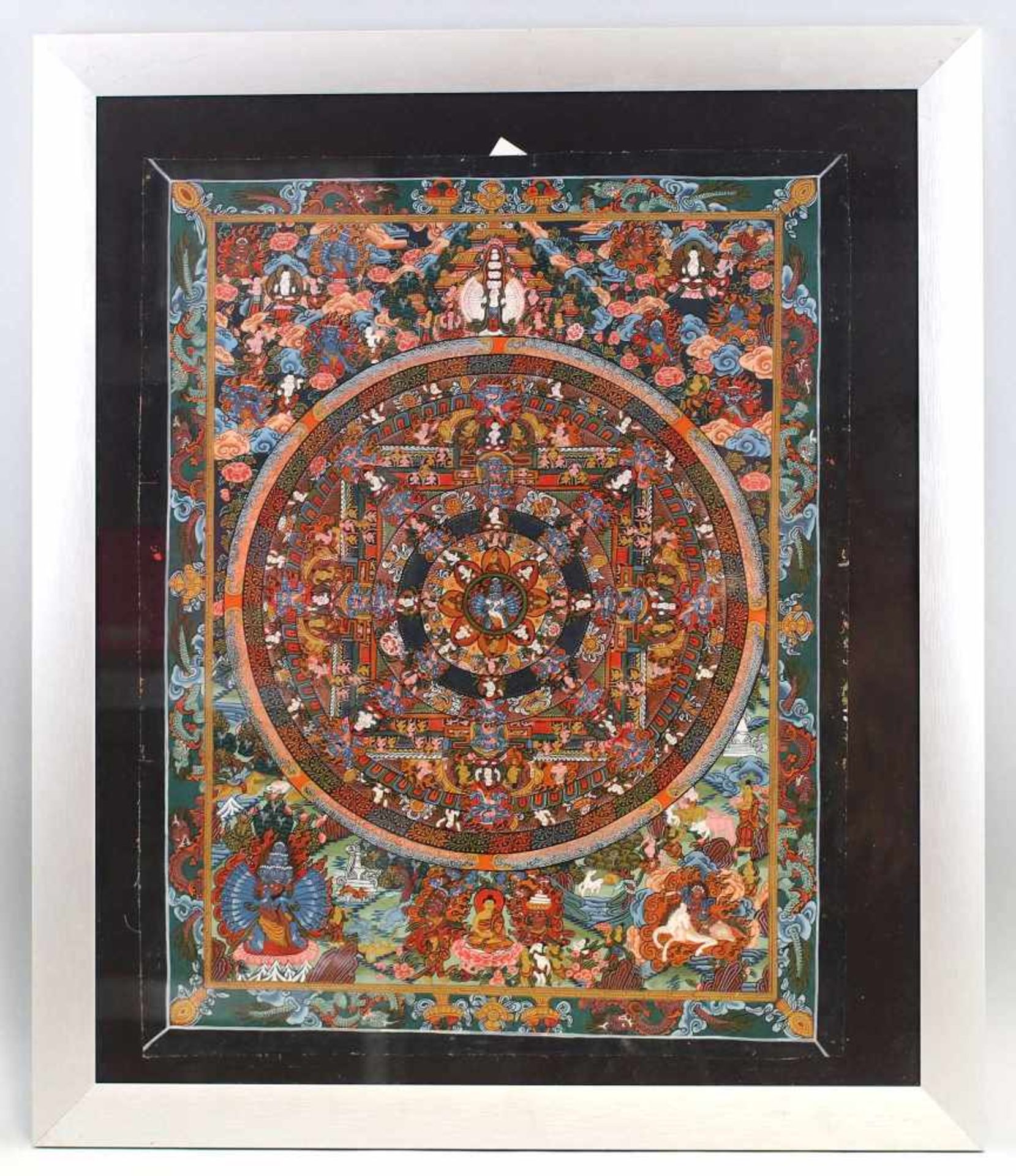 Thangka Mandala20. Jh., polychrome, goldgehöhte Malerei auf Leinen, Mandala od. Lebensraddarstellung