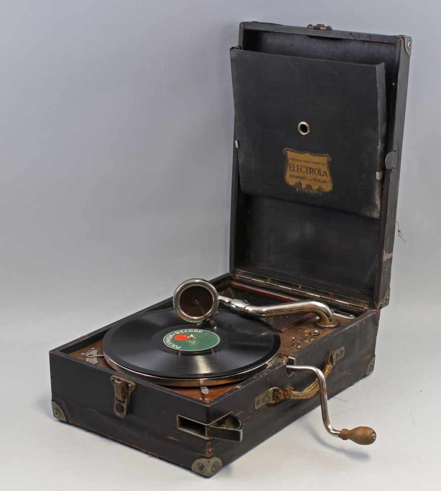 Koffer-Grammophon Electrolakleines, tragbares Tischgrammophon, Holzkorpus, aufklappbar, innen