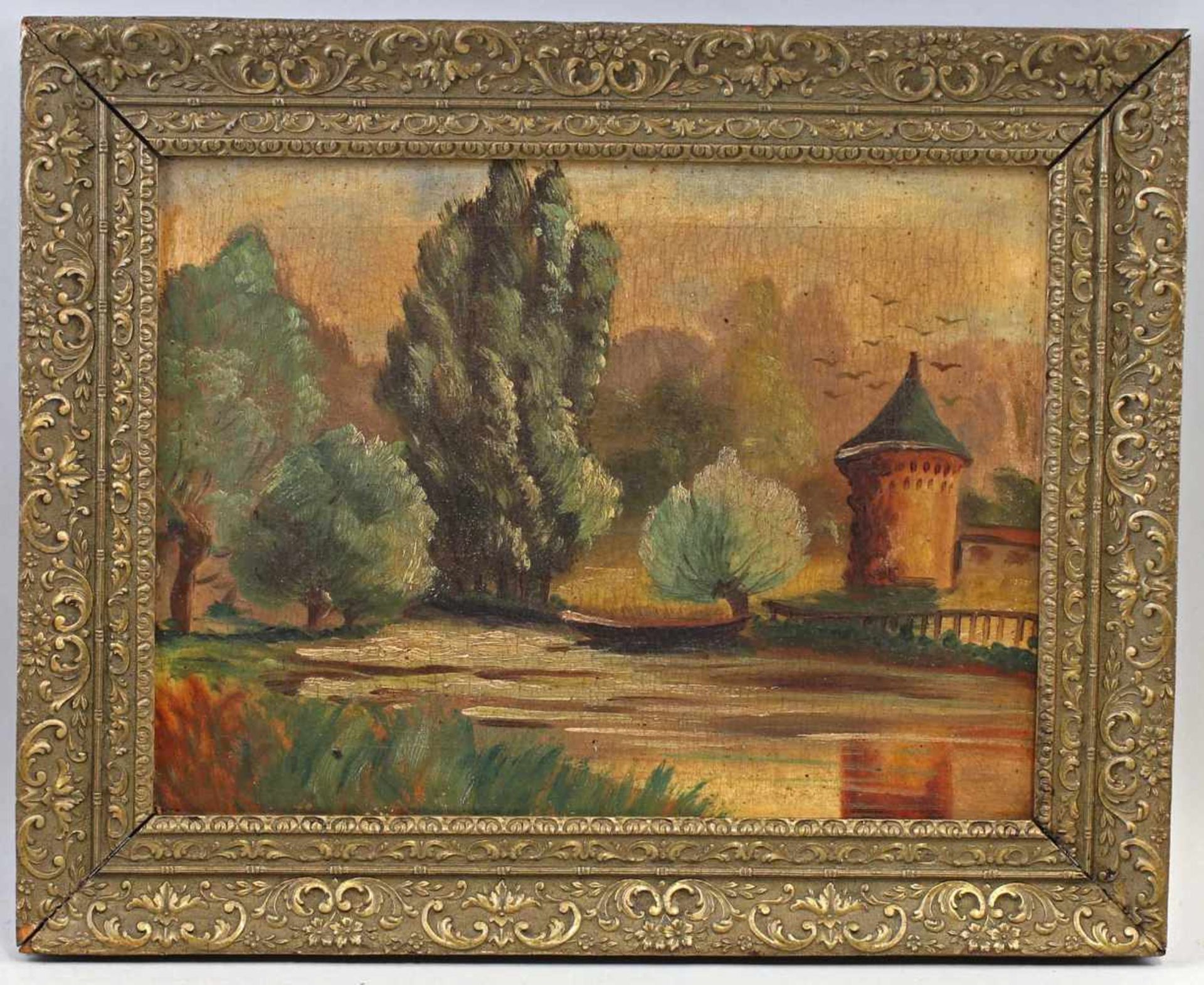 Anonym, Parklandschaftunsigniert, um 1900, Öl/Lwd., Parklandschaft mit Wasserlauf, rechter Hand an