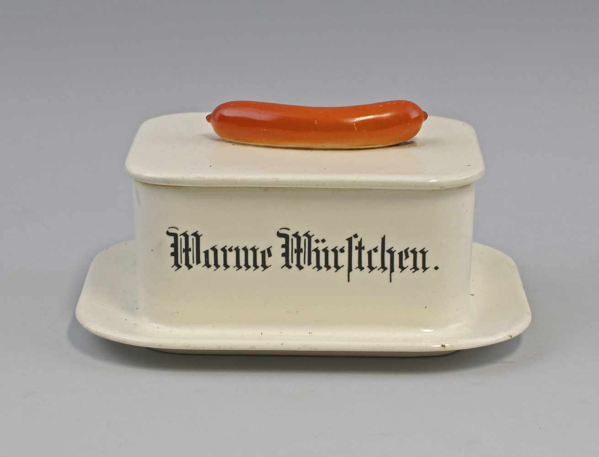 Dose Warme Würstchengemarkt Wächtersbach, Schlierbach, cremefarben glasiert und rotbraun bemalt,