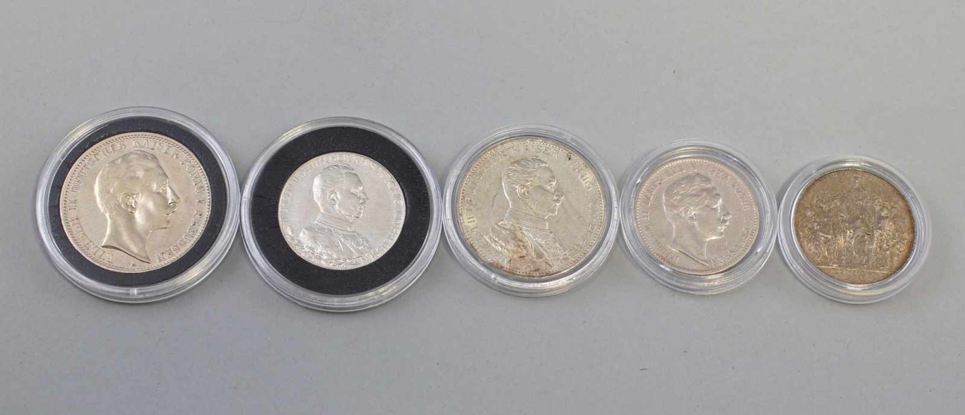 5 Silber-Münzen Deutsches Reich Preussen 1900-1914dabei 3 x 2 Mark 1900, 2 x 1913 und 2 x 3 Mark