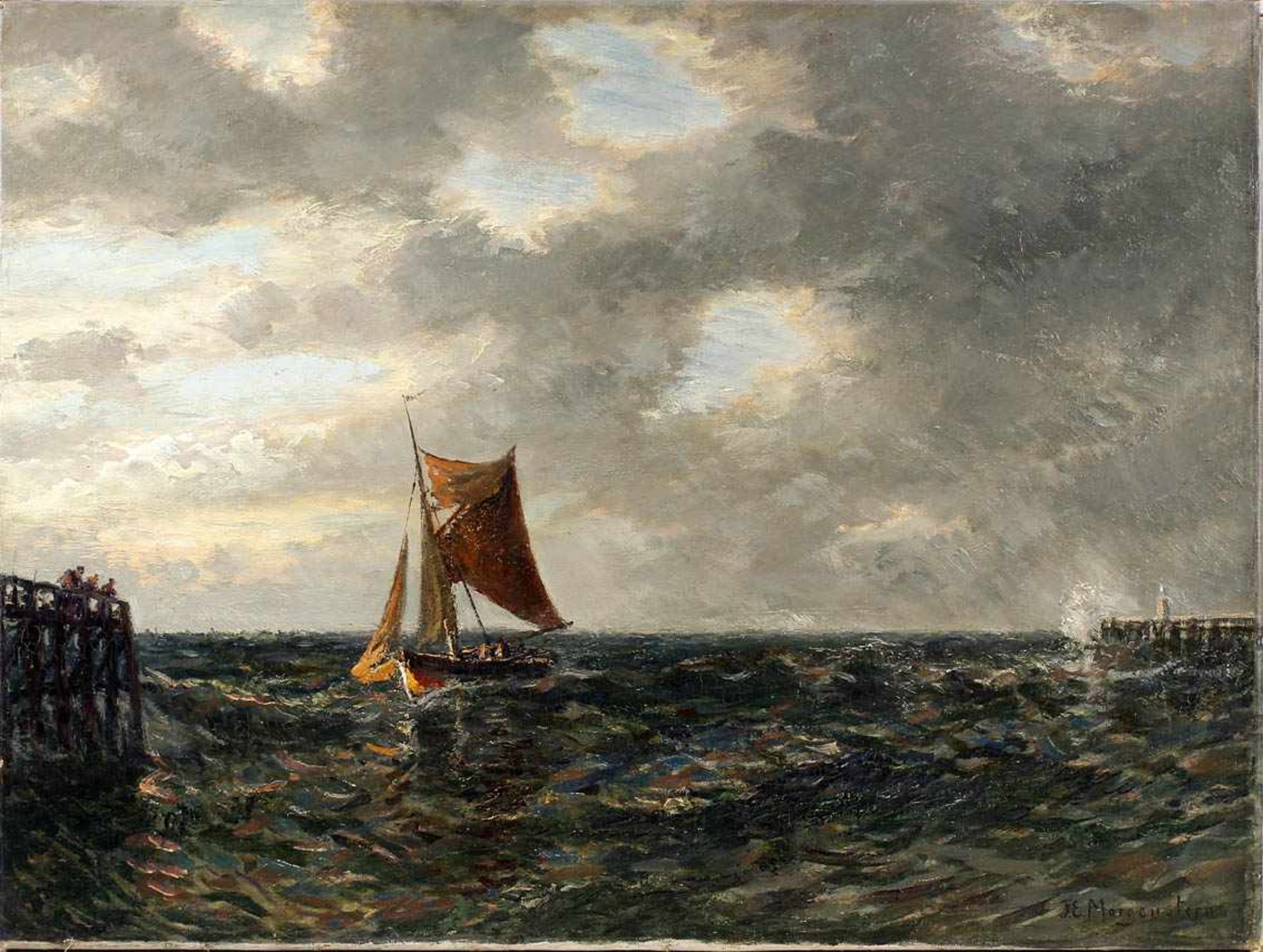 Morgenstern, Fischerboot vor Hafen re. u. sign. "F. E. Morgenstern", Friedrich Ernst Morgenstern (