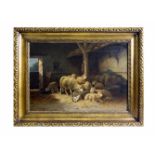 Jules George Bahieu (ca. 1860 - 1895, Belgien) Stallszene mit Schafen, Öl auf Leinwand, 65 cm x 92,5