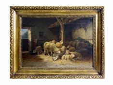 Jules George Bahieu (ca. 1860 - 1895, Belgien) Stallszene mit Schafen, Öl auf Leinwand, 65 cm x 92,5