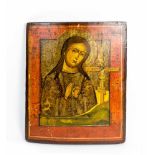 Ikone 'Maria Magdalena am Kreuz Jesu' Russland, 19. Jh., Eitempera auf Holz, 37,5 cm x 30,5 cm,