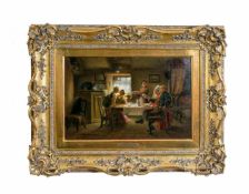 Robert Sanderson (1848 - 1908, Schottland) Familie am Tisch, Öl auf Leinwand, doubliert, 27,5 cm x