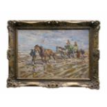 Julius Seyler (München 1873 - 1958) Krevettenfischer mit Pferdewagen am Strand, Öl auf Platte, 50 cm