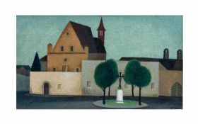 Vlastimil Benes (1919 Prag - 1981 ebenda) (F) Das Dorf, Öl auf Leinwand auf Platte, 23,5 cm x 41,5