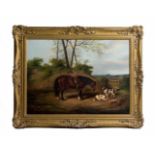 James Clark (1858 - 1943, Großbritannien) Landschaftsszene mit gesatteltem Pferd, 2 Jagdhunden und