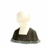 Richard Pauli (1855 - 1892) Mädchenbüste mit Haarband, Bronze, braun patiniert und Alabaster auf