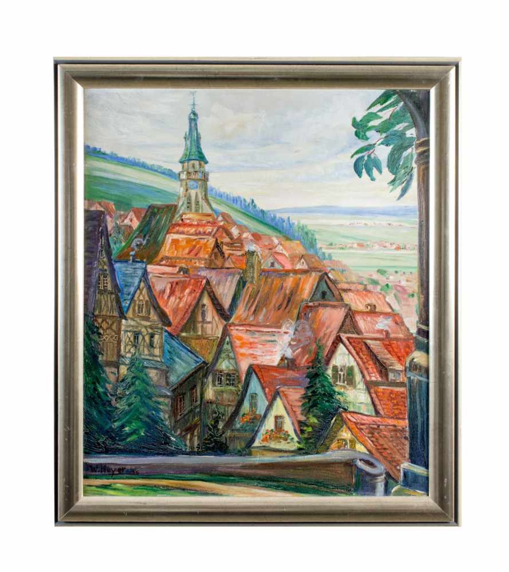 Wilhelm Heyer (1884 - ?) Stadtansicht mit Kirche, Öl auf Leinwand, 59 cm x 48,5 cm, unten links 35