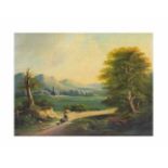 Unbekannter Künstler (19. Jh.) Landschaftsszene mit Bauer und Hund, Öl auf Leinwand, 27 cm x 35