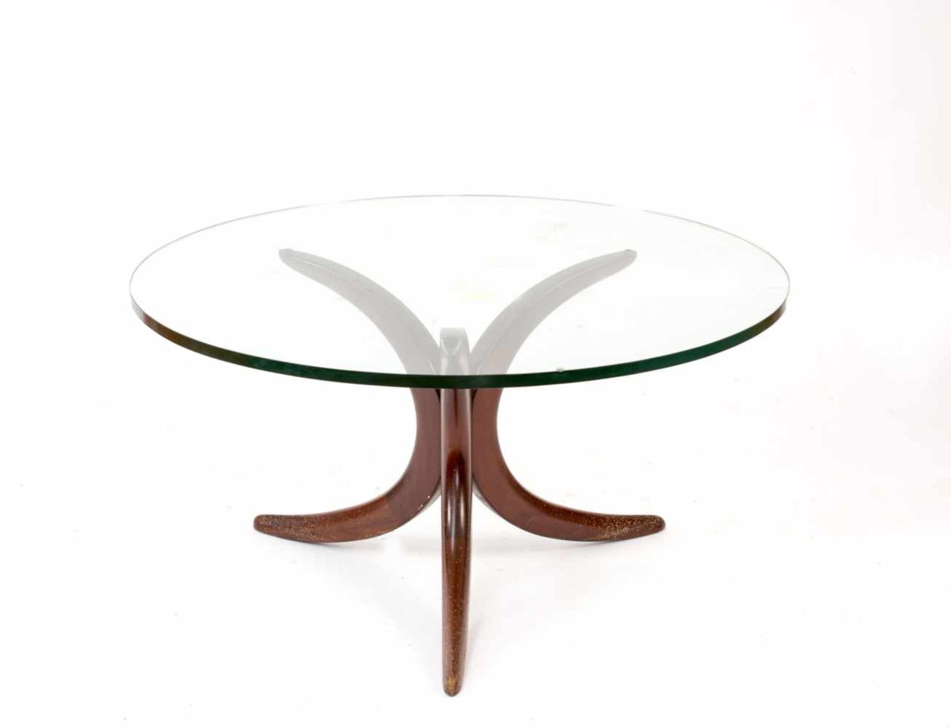 Sofatisch mit Glasplatte Dänemark, 1960er Jahre, Teakholzbeine, Höhe 51 cm, Durchmesser 99 cm,