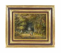 H. Knip (2. Hälfte 20. Jh.) Waldweg mit Reiter, Öl auf Leinwand auf Platte, 18,7 cm x 23,8 cm, unten