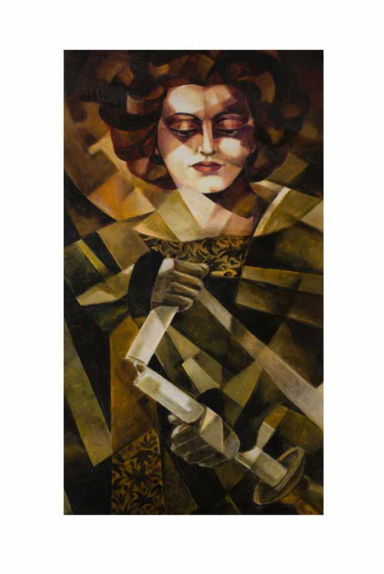 Unbekannter Künstler (20. Jh.) Porträt einer Dame mit Kerzen, Tempera/Acryl auf Karton, 73 cm x 51