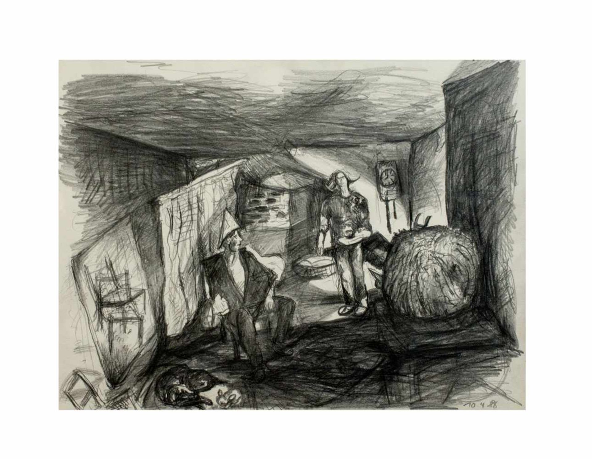 Unbekannter Künstler (20. Jh.) Interieurszene mit Personen, Bleistift auf Papier, 24 cm x 31,8 cm