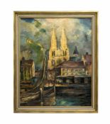 Unbekannter Künstler (20. Jh.) Stadtansicht mit Hafen und Kirche, Öl auf Leinwand, 80,5 cm x 65,5