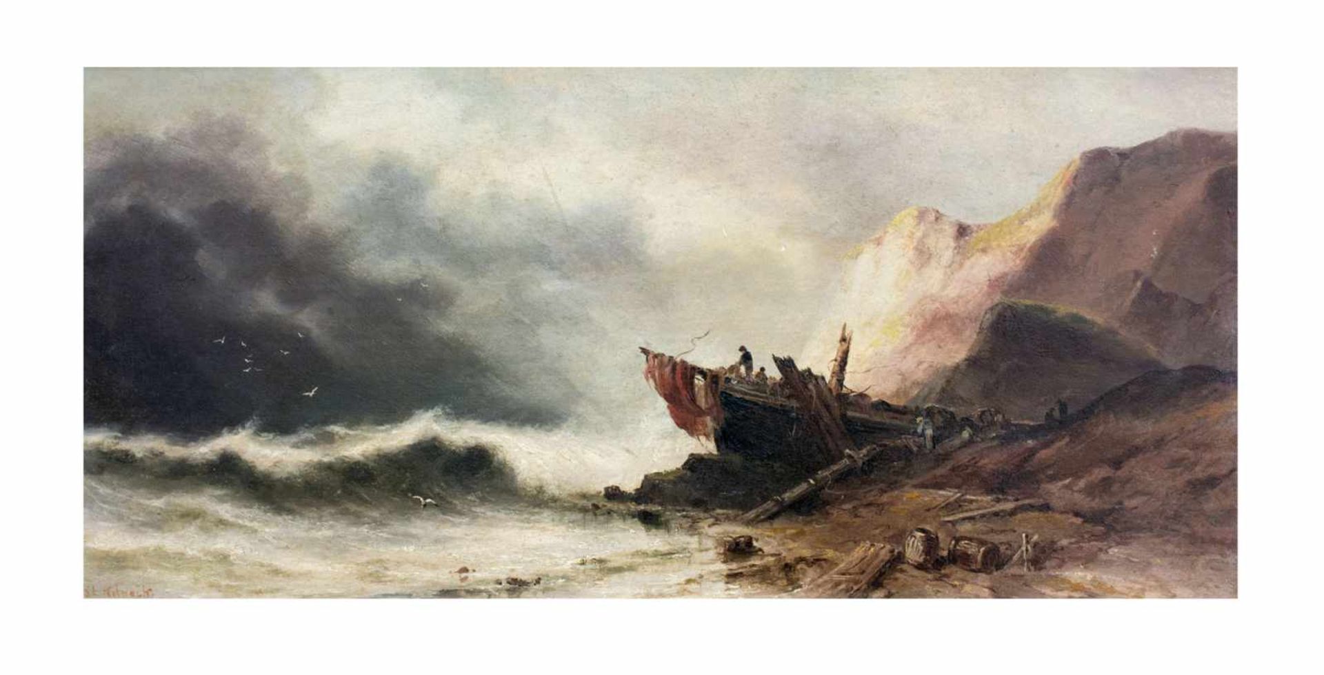 Sarah Louise Kilpack (1839 - 1909, England) Schiffbruch an stürmiger Küstenlandschaft, Öl auf - Bild 2 aus 3