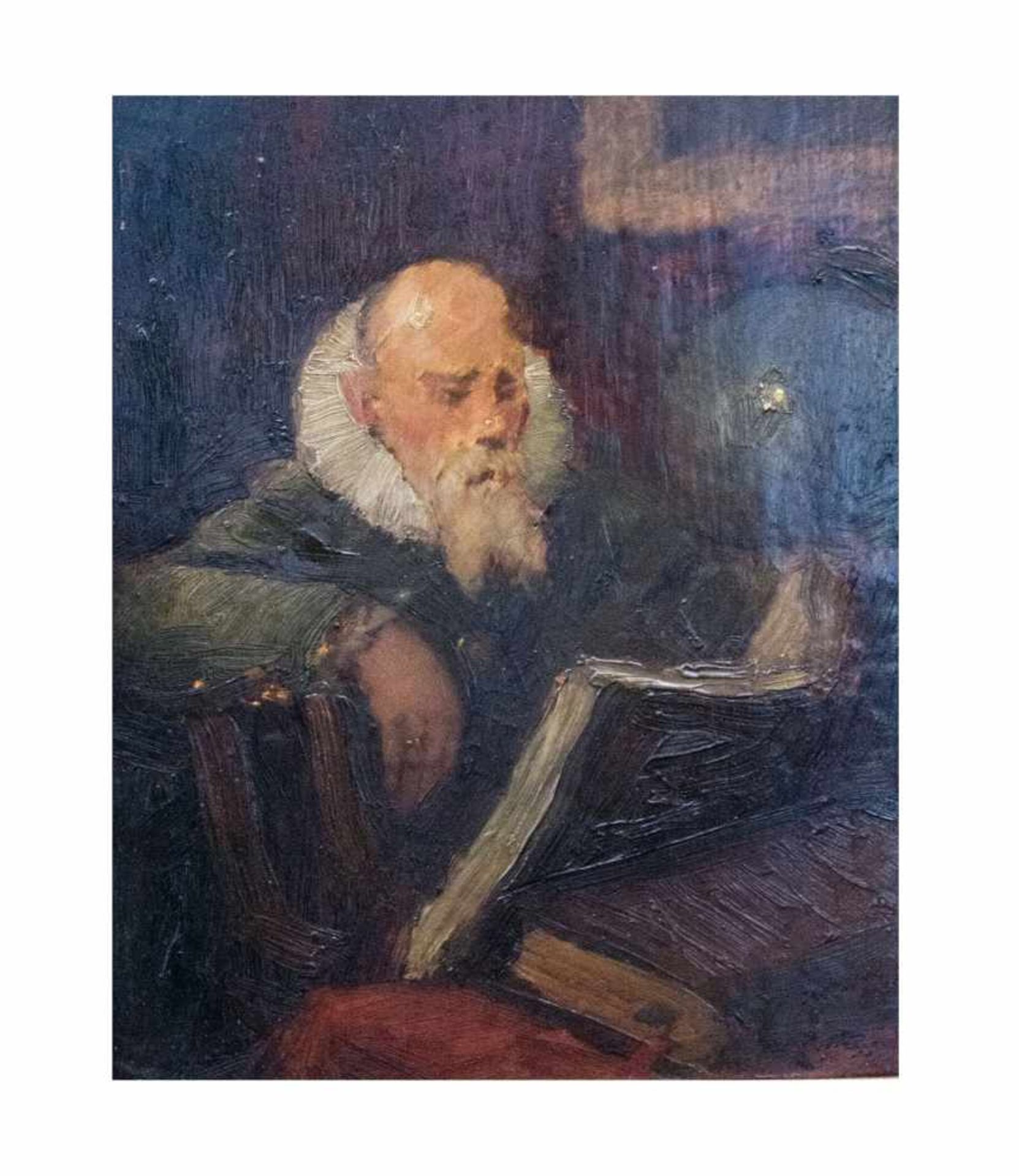 Rudolph Hesse (1871 Saarlouis - 1944 München) Alter Mann mit Buch, Öl auf Holz, 30,5 cm x 24 cm, - Bild 2 aus 2