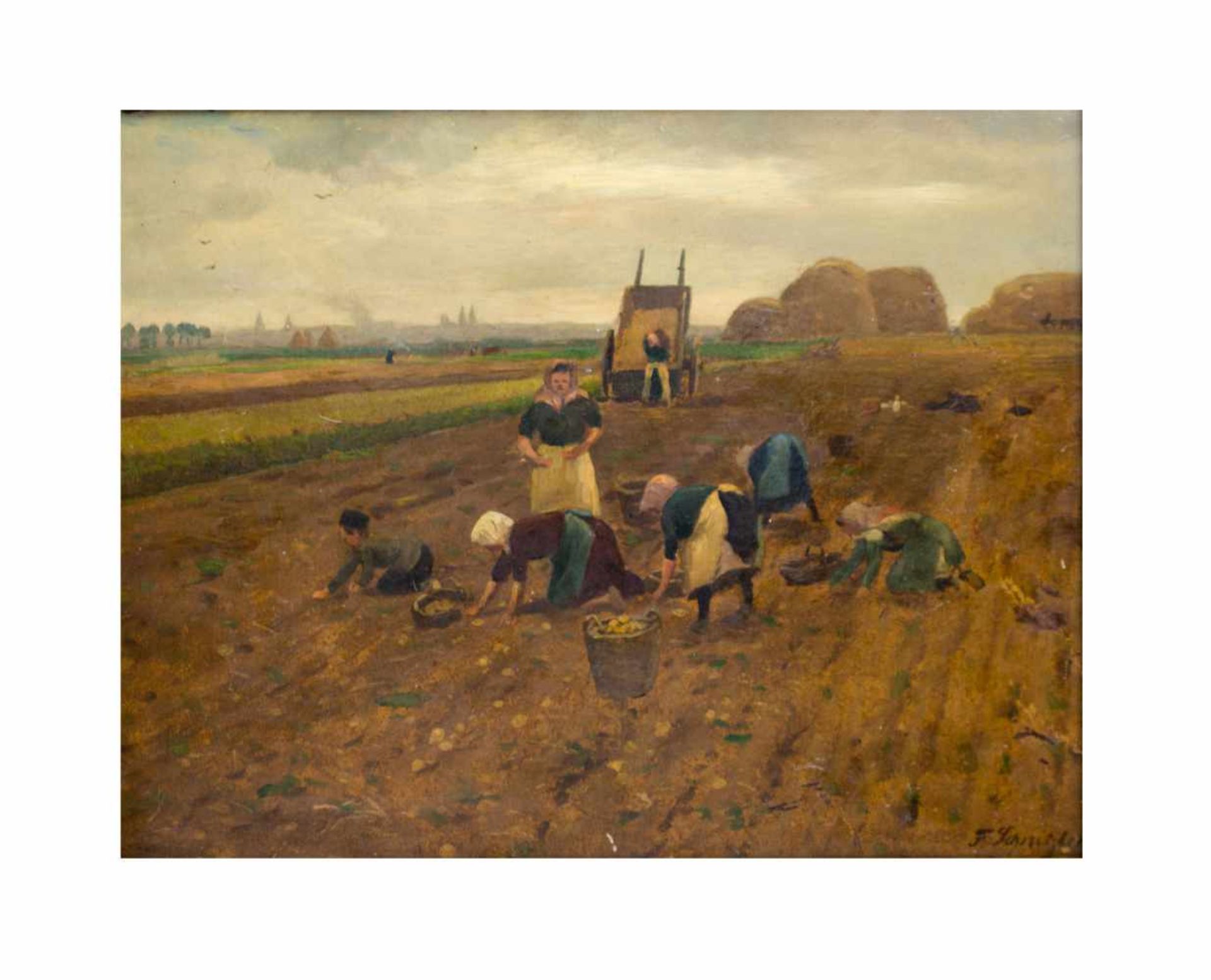 Fritz Schnitzler (1851 Tönisheide - 1920 ebenda) Kartoffelernte, Öl auf Holz, 37 cm x 48,5 cm, unten - Bild 2 aus 3