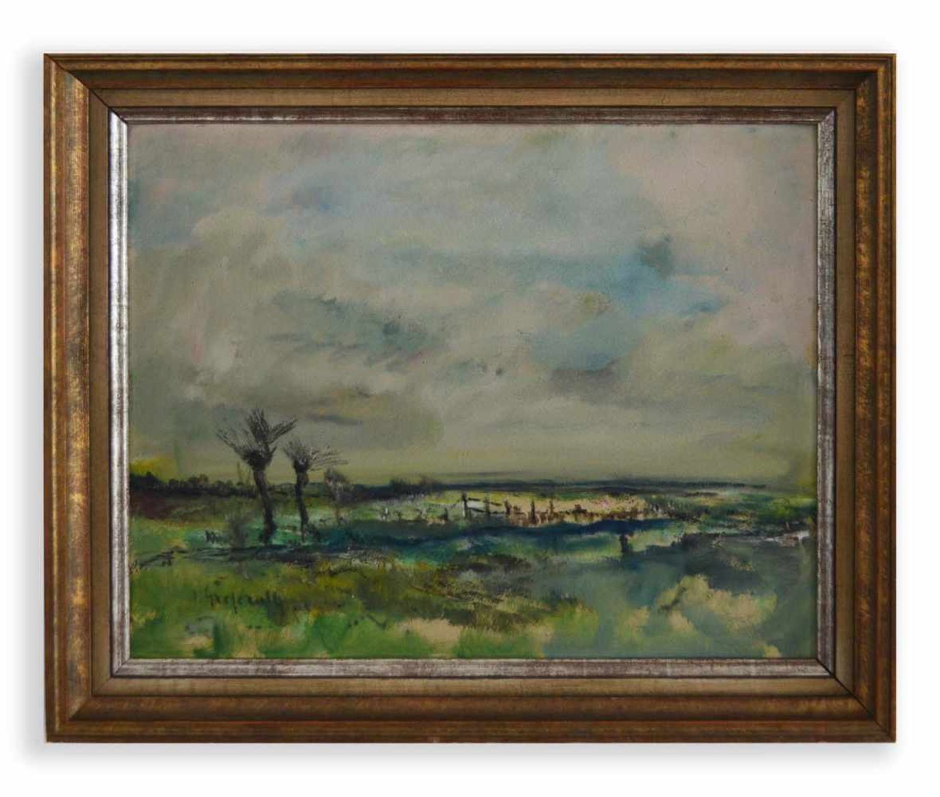 Johannes Greferath (1872 Schlesien - 1946 Köln) Uferlandschaft, Öl auf Platte, 60 cm x 74 cm,
