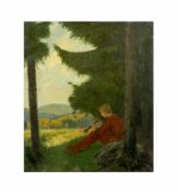 Auguste Ternes (1872 - 1938) Flöte spielender Junge am Waldrand, Öl auf Leinwand, 63 cm x 54 cm,