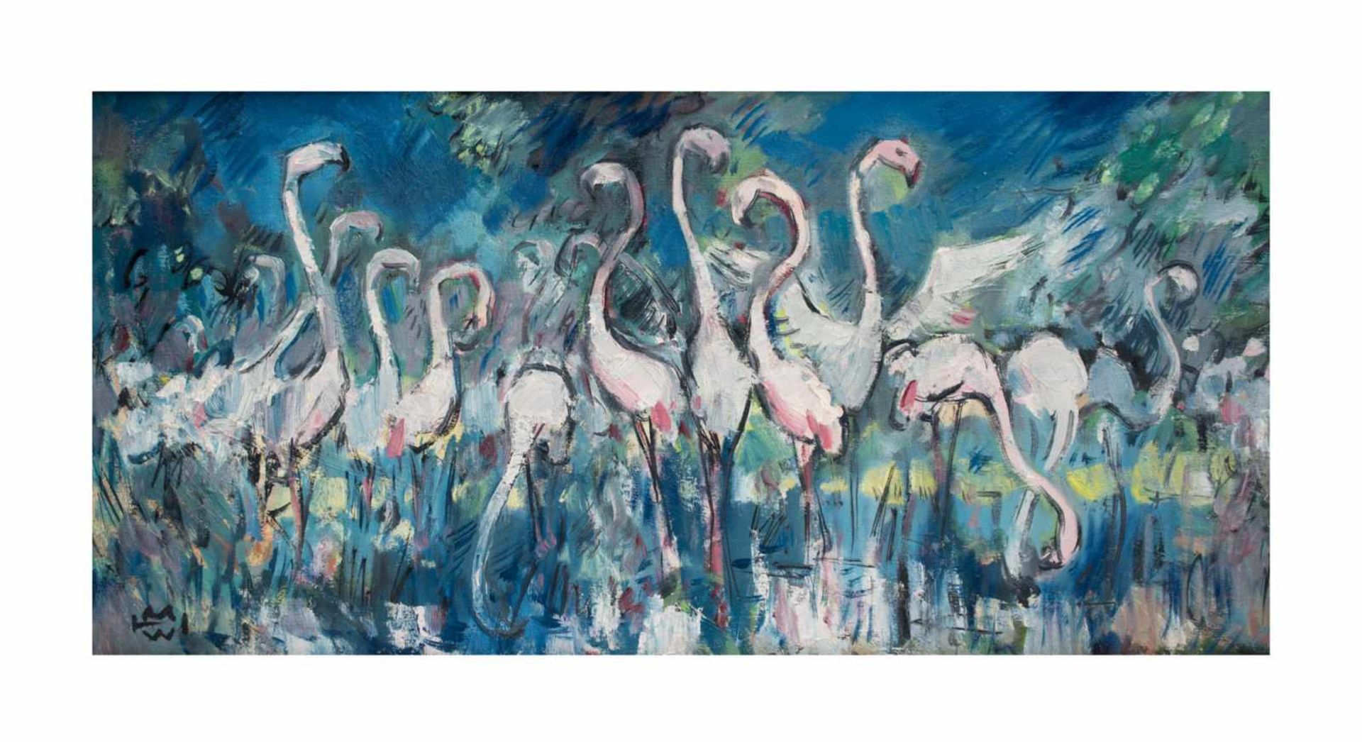 Helmuth Müller-Wiehl (1923 Heidelberg - 1998 Donaueschingen) Flamingos, Öl auf Leinwand, 40 cm x
