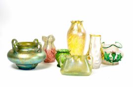 Konvolut Glasvasen 7-tlg., im Stil Loetz Witwe und andere, um 1900 - 1915, Glas, verschiedene Auf-