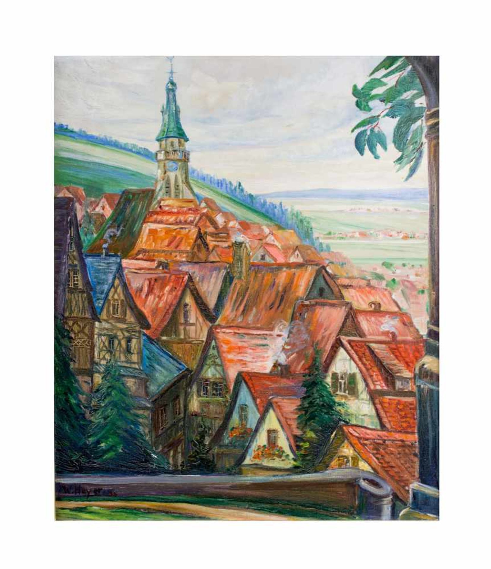 Wilhelm Heyer (1884 - ?) Stadtansicht mit Kirche, Öl auf Leinwand, 59 cm x 48,5 cm, unten links 35 - Image 2 of 3