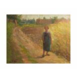 Amelie Ruths (1871 Hamburg - 1956 ebenda) Frau auf Feldweg, Öl auf Leinwand, 38 cm x 48 cm, unten